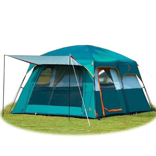 KTT Extra Large Tent 10 Person,Family Cabin Tents,2 Rooms,3 Doors and 3 Windows with Mesh,Straight Wall,Waterproof,Double Layer,Big Tent for Outdoor,Picnic,Camping,Family Gathering(Green)