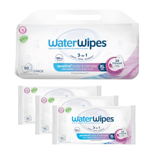 WaterWipes Sensitive Whole Body Cleansing Wipes, 99.9% Purified Water, XL Textured Wipes, Incontinence Care, Fragrance Free, 90 Count - image 1