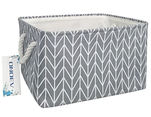 Image of Rectangular Thick Collapsible Grey Chevron Storage Bin | Sturdy Thick linen EVA fabric,soft cotton rope handles, large chevron print for bedroom, closet, bathroom supplies