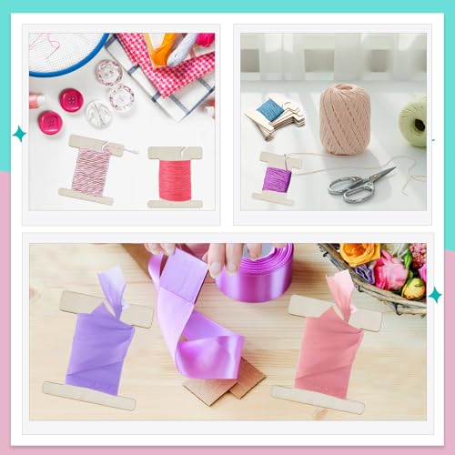 Image of 50 PCS Ribbon Storage Organizer, Empty Wooden Flat Spool Bobbin Sewing Thread Storage for Embroidery Floss Cross Stitch Cotton Thread Twine Organization, 4.33 x 3.15 Inch