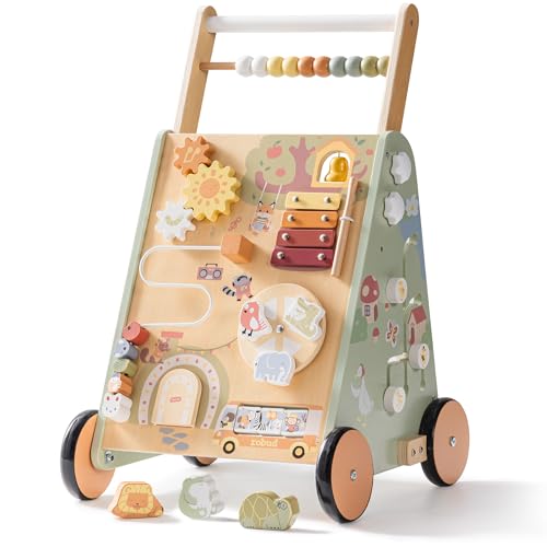 ROBUD Trotteur en bois pour tout-petits, jouet multifonction 8 en 1 avec centre d'activités, grand espace de rangement, contrôle de la hauteur et de la...