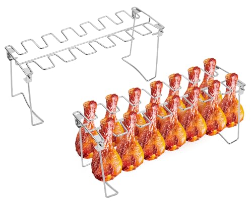 Victhur Chicken Leg Rack For Grill 2 Pack - 14 Slots Stainless Steel Chicken Drumstick Holder & Wing Rack For Smoker Bbq Oven Grilling (Set Of 2)