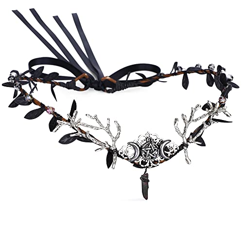MOSTORY Couronne de la forêt, diadème de déesse avec feuilles noires, auréole, cerclet, lune, forêt, accessoire de déguisement pour femme
