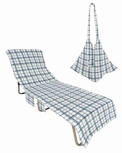 Beach Pool Patio Lounge Chaise Chair Cover Towel with Pockets,Buffalo Plaid Blue Absorbent & Quick Dry Microfiber Towel Cover Bag Summer Travel Accessories Shabby Chic Grid Gingham Lattice