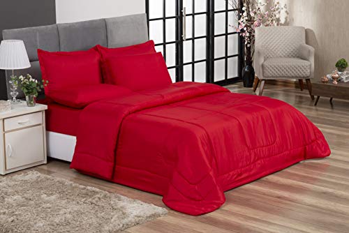 Kit Edredom Casal Queen Jogo de Lençol 06 peças Aconchego Dupla Vermelho Face Casa Dona