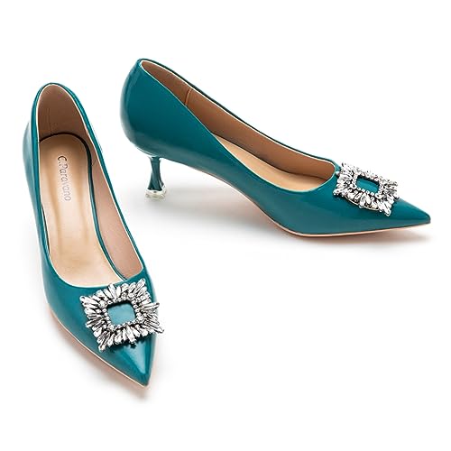 C.Paravano Women's Pumps I Pointed Toe Kitten Heel I Closed Toe Dress Pump I Comfortable Wedding Shoes 6.5 Peacock Blue E8