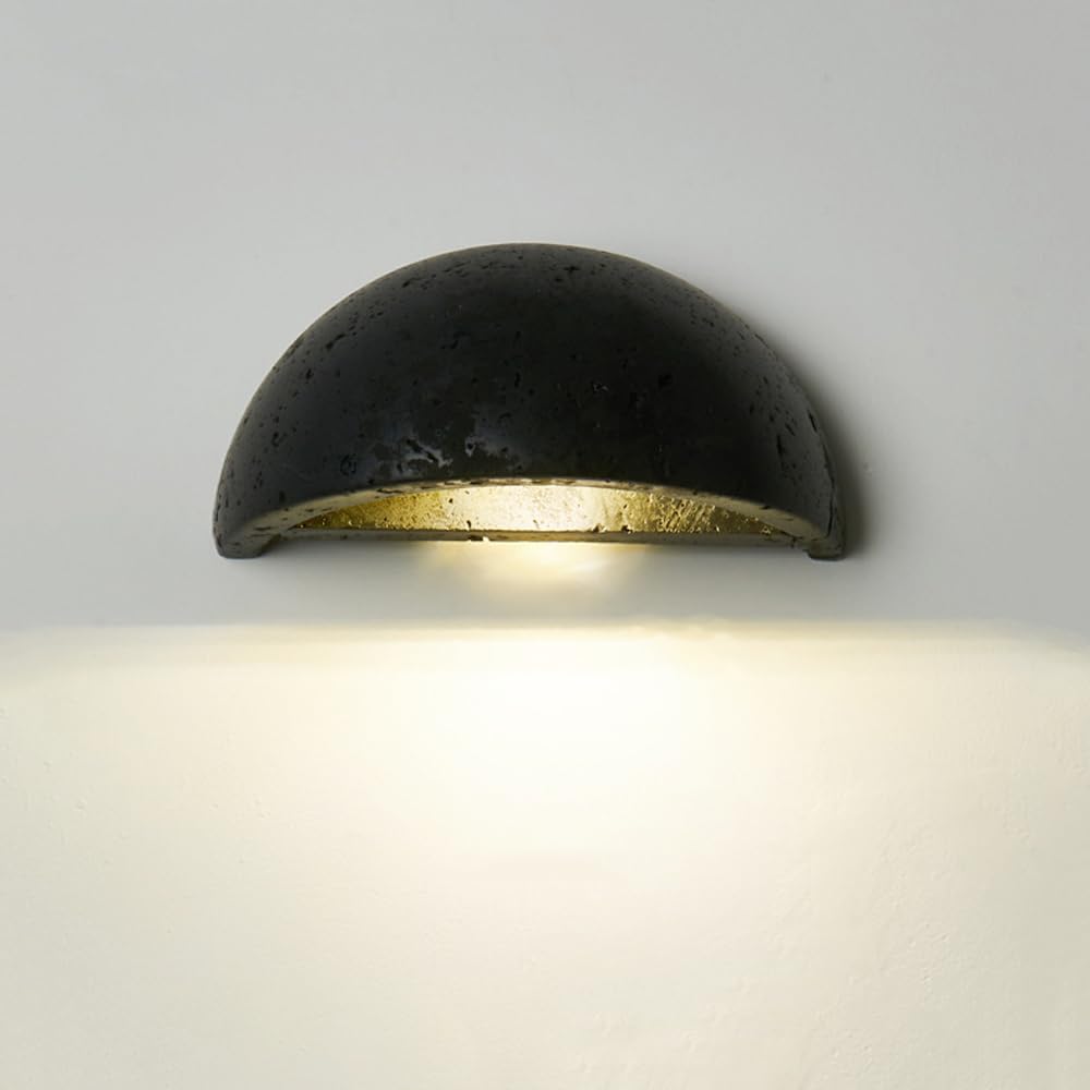 HUAYUSEDF Modern Black Wall Sconce Vintage Semi Circle Natural Stone Light Fixture Mid Century Hallway Small Lighting Travertine Bedroom Mounted Lamp for Living Room Aisle Stairs