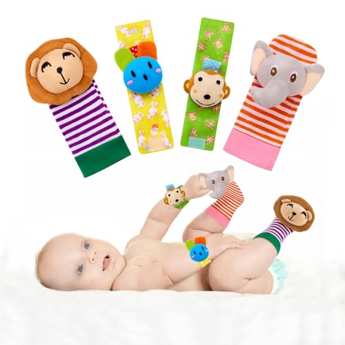 Image of Yeeeasy Baby Rattle Cotton Socks and Wrist Rattle Strap Set, Infant Toys 0 3 6 9 12 Months, Baby Gifts for Boys and Girls, Develop Babies Sensory Toys