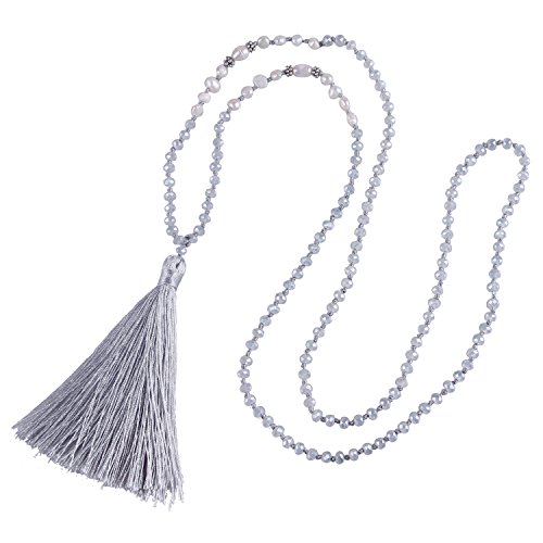 KELITCH Handmade Long Tassel Pendant Necklace Pearl Crystal Beads New Bohemian Chain Y Necklace for Women, Grey White