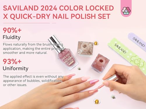Image of SAVILAND Quick Dry Nail Polish: 6Pcs Hot Sheer Color Fingernail Polish Set Neutral Solid Color Pink Nudes Glitter Nail Polish Kit Castor Oil Non Gel Nail Lacquer Finger Toe Nail Art Home DIY Gift Set