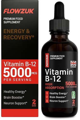 Flowzuk Vitamin B12 Liquid Drops 5000mcg – High Strength Methylcobalamin – Fast Absorbing Vegan B12 Supplement – 60ml Dropper Bottle – Gluten Free, Energy & Wellness Support