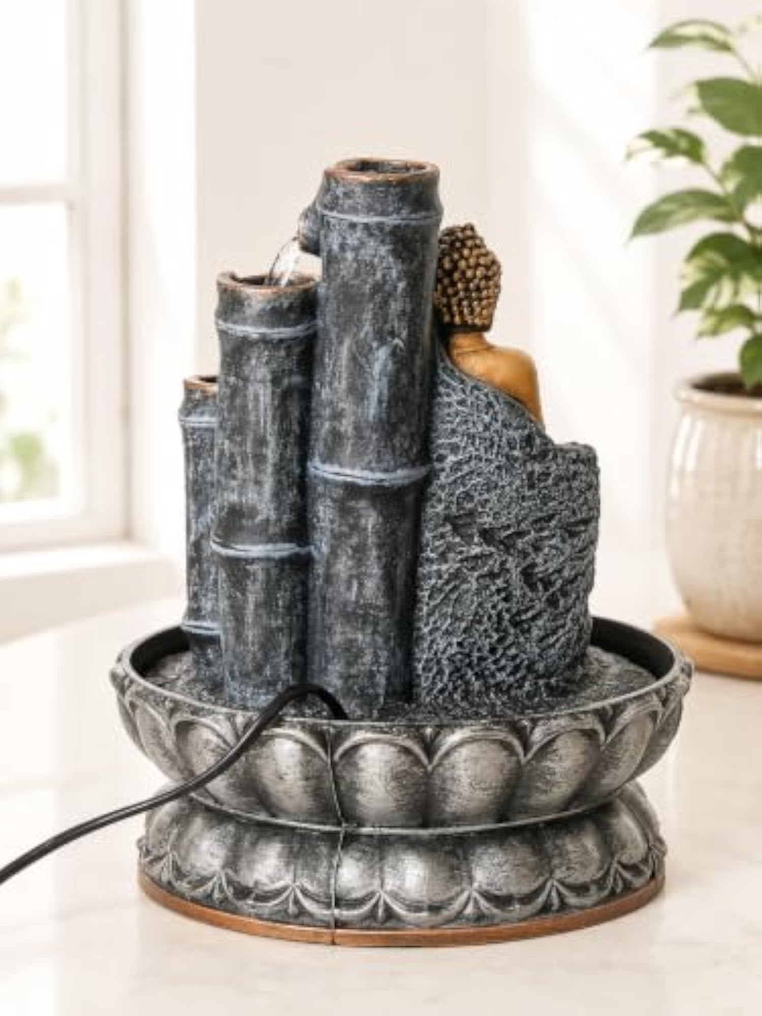 Grey Color Polyresin Tabletop Buddha Water Fountain