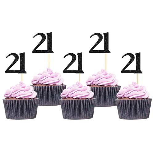 Sotpot 30 Pack Happy 21st Cupcake Toppers 21 Birthday Cake Decorations for 21st Birthday Wedding Anniversary Party Supplies Black Glitter