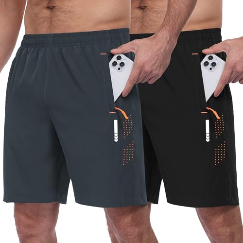 Zzkouine Sporthose Herren Kurz Leicht Trainingshosen Kurze Hosen Herren Sport Shorts Männer Sommer Jogginghose mit Reißverschlusstaschen 2er Pack Schwarz/Dunkelgrau S