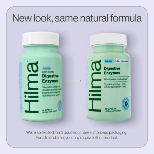Image of Hilma Dairy and Gluten Digestive Enzymes, 60 Vegan Capsules | oNatural Gluten & Dairy Relief Pills for Gut Health & Bloating Relief with Lactase, Dandelion Root & Digestive Enzymes