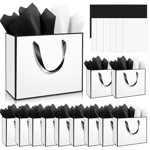 Epoesch 12 Pack Fancy White Gift Bags with Handles and 24 Tissue Paper Medium Size11.8x10x4 Inch for Weddings Birthdays Party Shopping Corporate Gifts Easter Mothers Day Holiday (White Black)