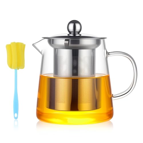 UHETLET Teiera con Infusore da 450ml Teiera in Vetro Borosilicato con Filtro in Acciaio Inox Teier a in Vetro Resistente al Calore con Pennello per Pulizia per Foglie di Tè Sfuso, Tisane e Caffè