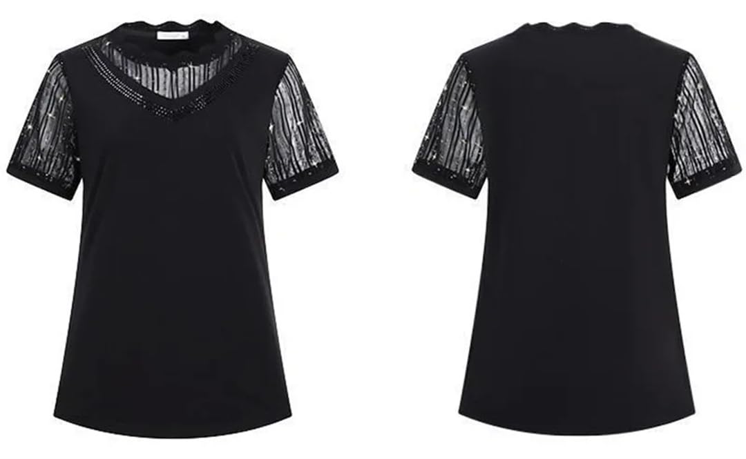 Maglietta da donna estiva casual a maniche corte con scollo rotondo in rete traforata con paillettes patchwork top allentato