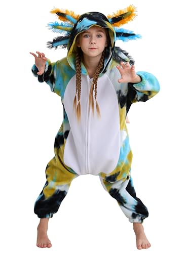 SimZoo Kids Animal Pajamas, Boy Girls Axolotl Cosplay Costume Sleepwear, One-Piece Unisex Homewear 12-13Y
