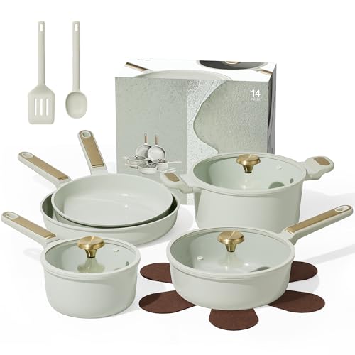 CAROTE 14-Piece Sage Green Cookware