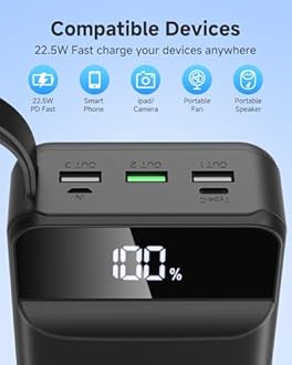 PowerBank 60000mAh Fast Charging, Battery Pack 22.5W Power Bank with USB C, Portable Charger LED Display, 4 Outputs and 2 Inputs Compatible with iPad Tablets iPhone etc.