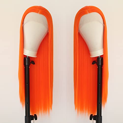 Towarm Hellorange Perücke, lang, glatt, Kunsthaar, Lace-Front, Perücke für schwarze Frauen, natürlicher Mittelteil, 33 x 7,6 cm, handgeknüpfte Perücke, Cosplay, tägliches Tragen (glatt, hellorange) Cover
