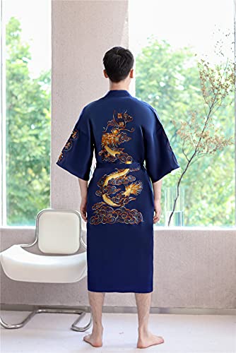 Shanghai Story Men's Robe Dragon Pattern Bathrobe With Waistband L Navy #TOP4