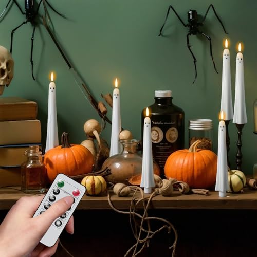 Image of Halloween Ghost Flameless Taper Candles Flickering Battery Operated with Remote and Timer 3D Wick White Real Wax LED Taper Candles Halloween Dinner Decoration Indoor(2 Pack, 0.79 inchD x 9.5 inchH)