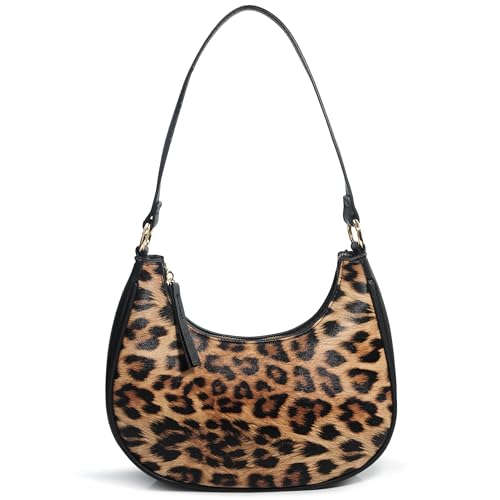 Crescent Shoulder Bag for Women Leopard Print Vegan Leather Crossbody with Chain Strap Underarm Purse