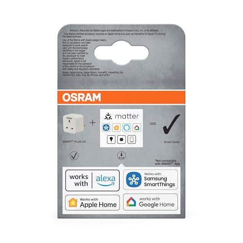 OSRAM SMART+ Indoor Plug UK, smart socket with Matter over WiFi, for integrating traditional devices into the smart home, compatible with Alexa, Google & Apple, measures consumption, white, 1-pack