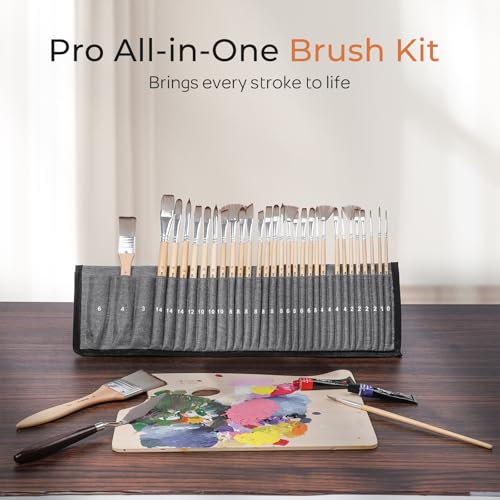 Image of Nicpro 32pcs Paint Brush Set, Acrylic Paint Brushes, Professional Artist Series with Paint Spatula and Cloth Roll, Paintbrushes for Oil, Acrylic Canvas Paintings, Watercolor, Art Supplies