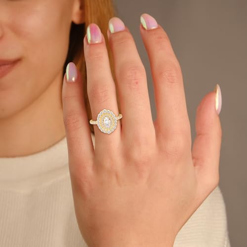 SAVEARTH DIAMONDS Double Halo Solitaire Engagement Rings for Women, Center 6x4MM Oval and Round Cut Lab Created Moissanite Ring In 10K / 14K Solid Gold OR 925 Sterling Silver2