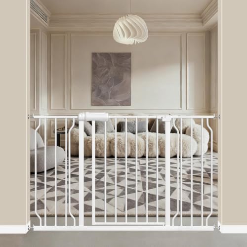 Image of ALLAIBB Extra Wide Pressure Mounted Baby Gate Walk Through Child Kids Safety Toddler Tension White Long Large Pet Dog Gates with Extension for doorways Kitchen (48.03-52.76 inch /122-134cm)