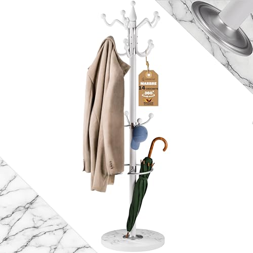 Casaria® Porte-manteau avec socle Blanc en marbre 14 crochets 37x37x175cm portemanteau sur pieds stable tête pivotante