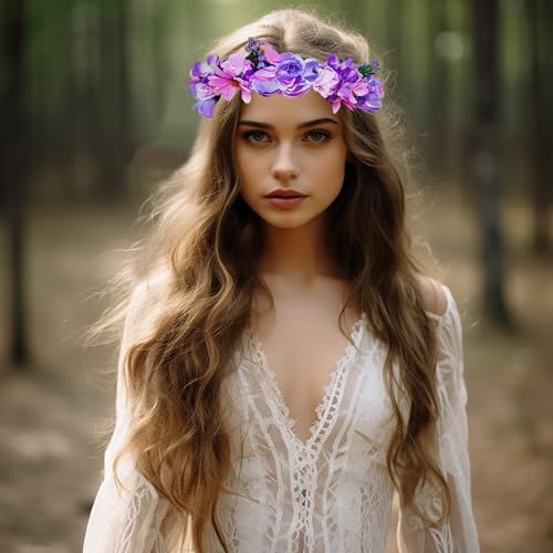 Vivivalue Rose Flower Crown Boho Flower Headband Hair Wreath Floral Headpiece Halo with Ribbon Wedding Party Festival Photos Purple - Thumbnail 2