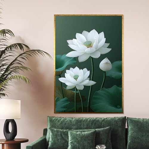 Tableau lotus blanc 70x100cm art mural botanique pour salon
