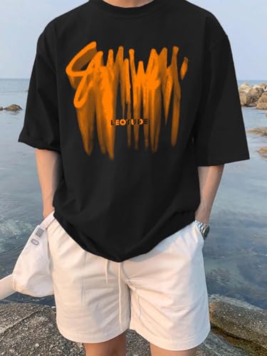 Image of LEOTUDE Half Sleeve Oversized Cottonblend Round Neck Drop Shoulder Printed Men's T-Shirt (Color Black)