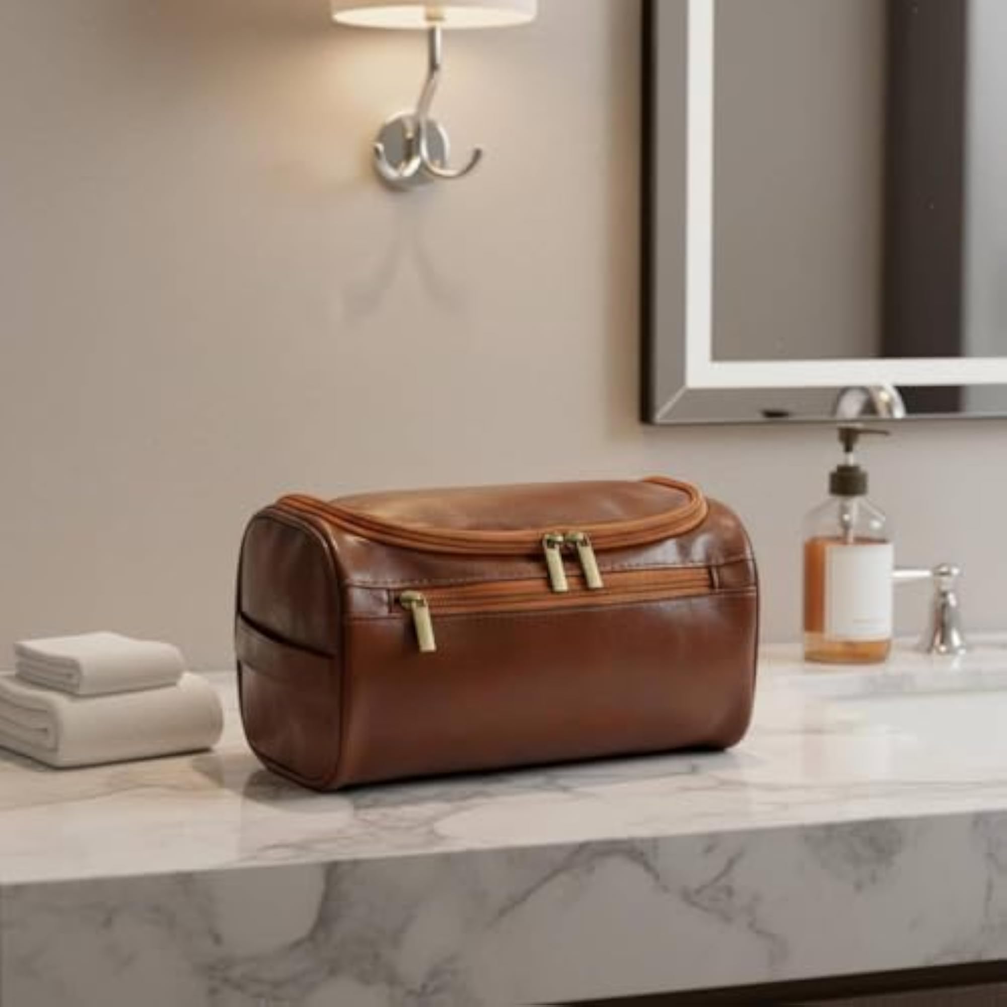 Multi-Compartment Hanging Toiletry Bag for Travel, PU Leather Wash Bag