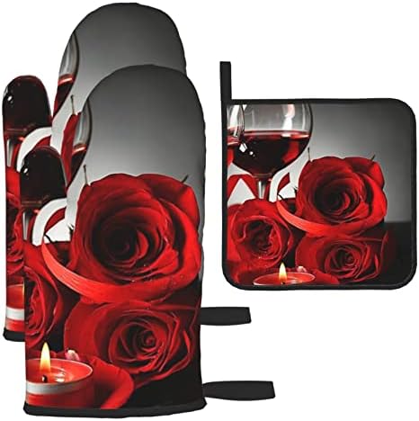 YILEQUAN Red Rose Wine Glass and Candle Print Oven Mitts Pot Holders Sets,Kitchen Glove High Heat Resistant 500 Degree Potholder,Surface Safe for Baking, Cooking, BBQ,Pack of 3
