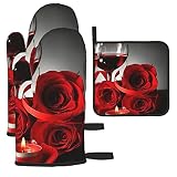YILEQUAN Red Rose Wine Glass and Candle Print Oven Mitts Pot Holders Sets,Kitchen Glove High Heat Re