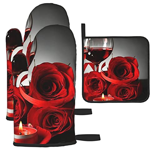 Yilequan Red Rose Wine Glass And Candle Print Oven Mitts Pot Holders Sets,Kitchen Glove High Heat Resistant 500 Degree Potholder,Surface Safe For Baking, Cooking, Bbq,Pack Of 3 #TOP2