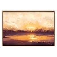 SIGNWIN Framed Canvas Wall Art Serene Orange Brown Sunrise Over The Sea Coastal Ocean Oil Painting Abstract Modern Closeup Relax/Calm for Living Room, Bedroom, Office - 16