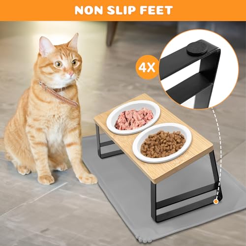 Keramischer Futternapf mit 15° Gekippter Katzenstation, Metallhalter und Silikonunterlage, 350ML Fressnapf und Wassernapf für Katzen und Hunde