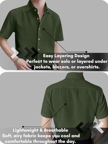 Image of GRECIILOOKS Shirt for Men | Mens Casual Shirt | Men Stylish Shirt | Men Waffle Shirt | Men's Regular Fit | Men Formal Shirt | Short Sleeve Shirt for Summer Outdoor Activities |Textured Shirts for Men