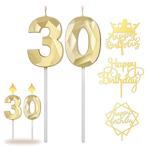 KroY PecoeD Bougie Anniversaire 30 Ans et 3 Pcs Happy Birthday Cake Topper, 3D Bougies Chiffres 3 et Bougies Numéro 0, Decoration Gateau Anniversaire Or pour Anniversaire Cake Decoration Cover