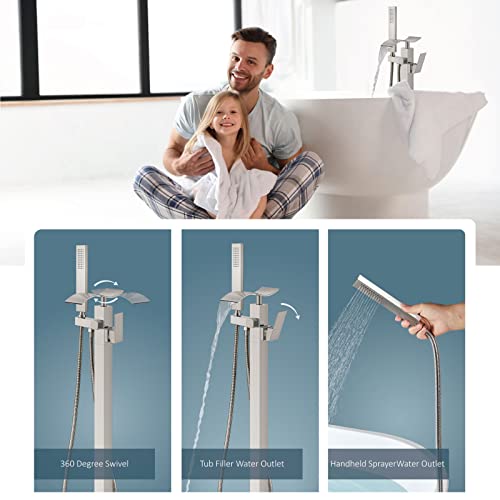 Aolemi Floor Mount Tub Filler Brushed Nickel Freestanding Bathtub Faucet Single Handle Brass Tap With Handheld Shower And Waterfall Swivel Mixer Spout #TOP1