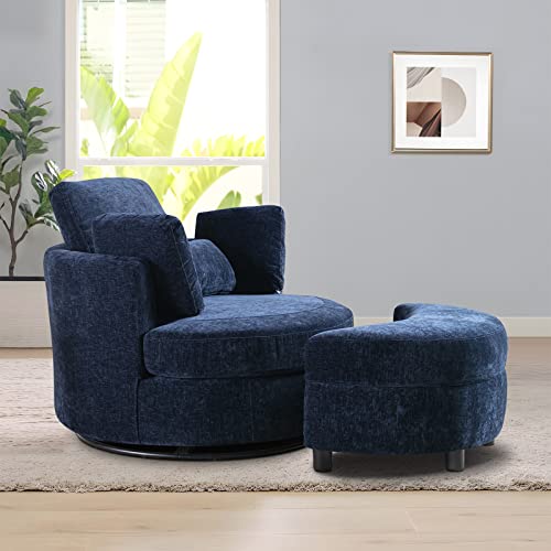 Chair and A Half with Ottoman, 360° Swivel Chair Modern Circle Round Love Seat Sofa Couch Set Big Comfy Accent Barrel Chairs Living Room Bedroom Lounge Reading Corner Furniture with 4 Pillows (Navy)