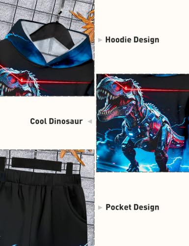 Image of Boys Clothes, T-Rex Print Dinosaur Boy Clothes Fall Winter Outfits Long-sleeved Hooded Sweatshirt Pants 2Pcs Set