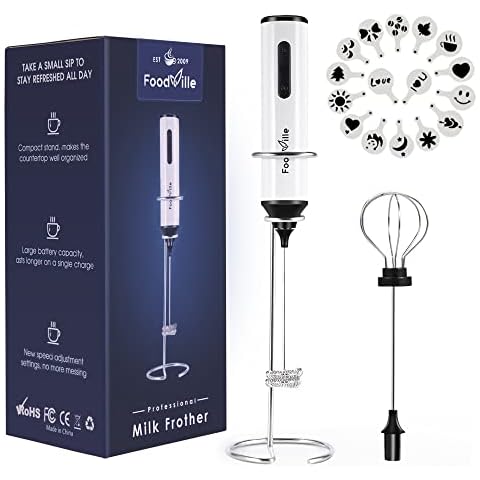 FoodVille MF05 Rechargeable Milk Frother USB Charging Handheld Foam Maker with Stainless Balloon Whisk for Cappuccino, Latte, Bulletproof Coffee, Keto Diet, Protein Powder, Matcha (White with Stand) Cover