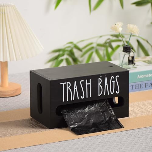 Image of Trash Bag Dispenser, Wall Mount Trash Bag Holder Dispenser with Lid Wooden Kitchen Trash Bag Roll Organizer Plastic Garbage Bag Storage for Cabinet. (Black)